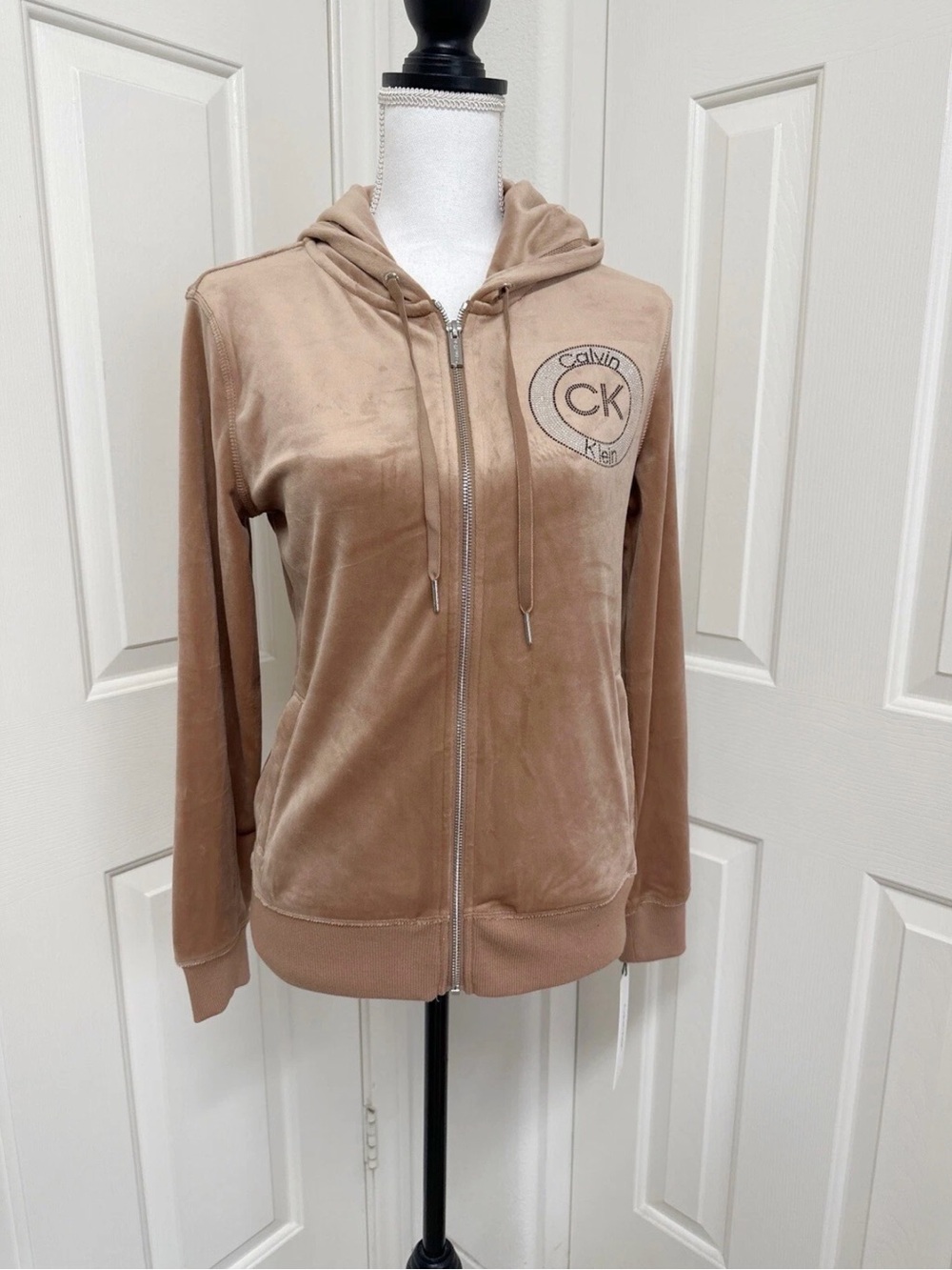 CALVIN KLEIN Womens Velour Logo Zip-Up Hoodie Jacket In Tan Size XS